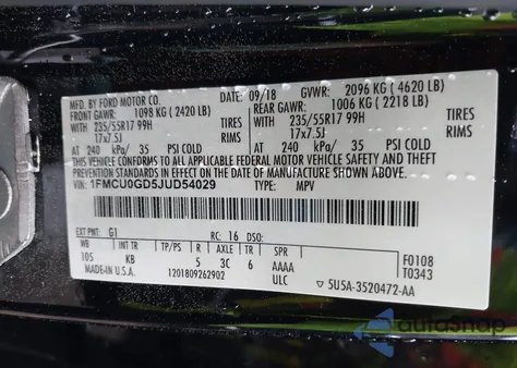 2018 Ford Escape Se z USA, uszkodzony, nr VIN 1FMCU0GD5JUD54029